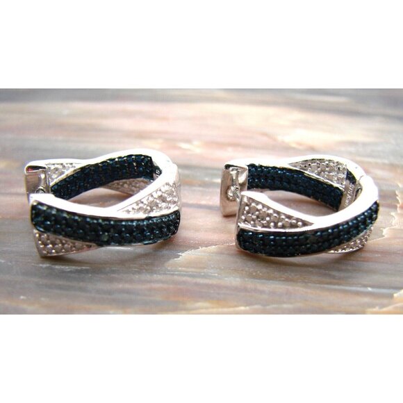 NEW Karis STS Womens Hoop Earrings Blue and Clear Rhinestones Silver Tone Pierce - Picture 3 of 11